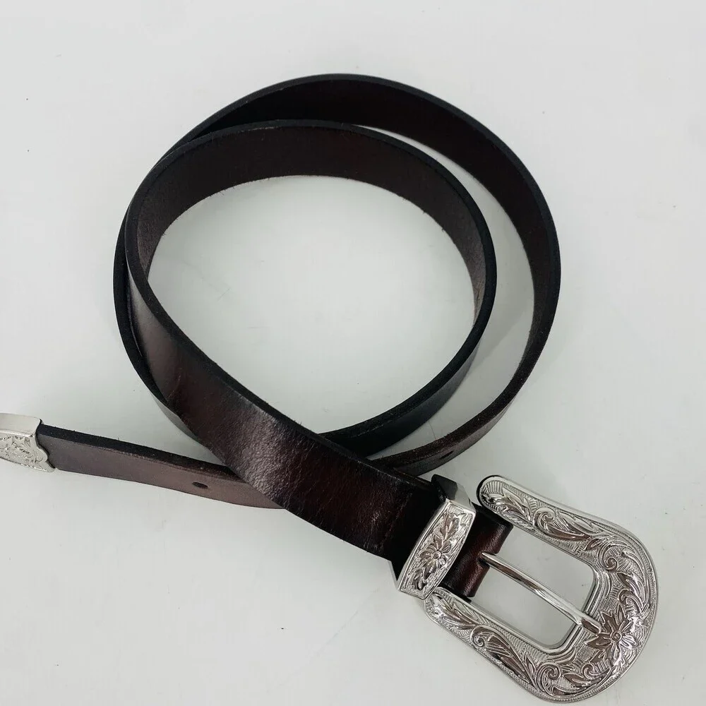 White House Black Market Brown Leather Silver Buckle Western Hip Fit Belt Small